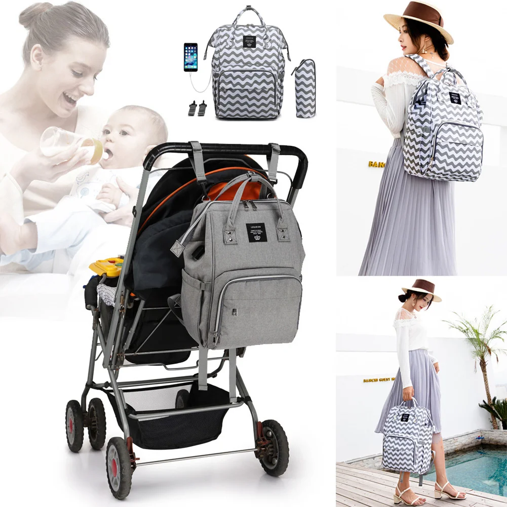 Lequeen saco de fraldas dos homens da cor pura múmia cuidados com o bebê saco de fraldas 44cm grande capacidade à prova dwaterproof água ao ar livre usb mochila saco de viagem