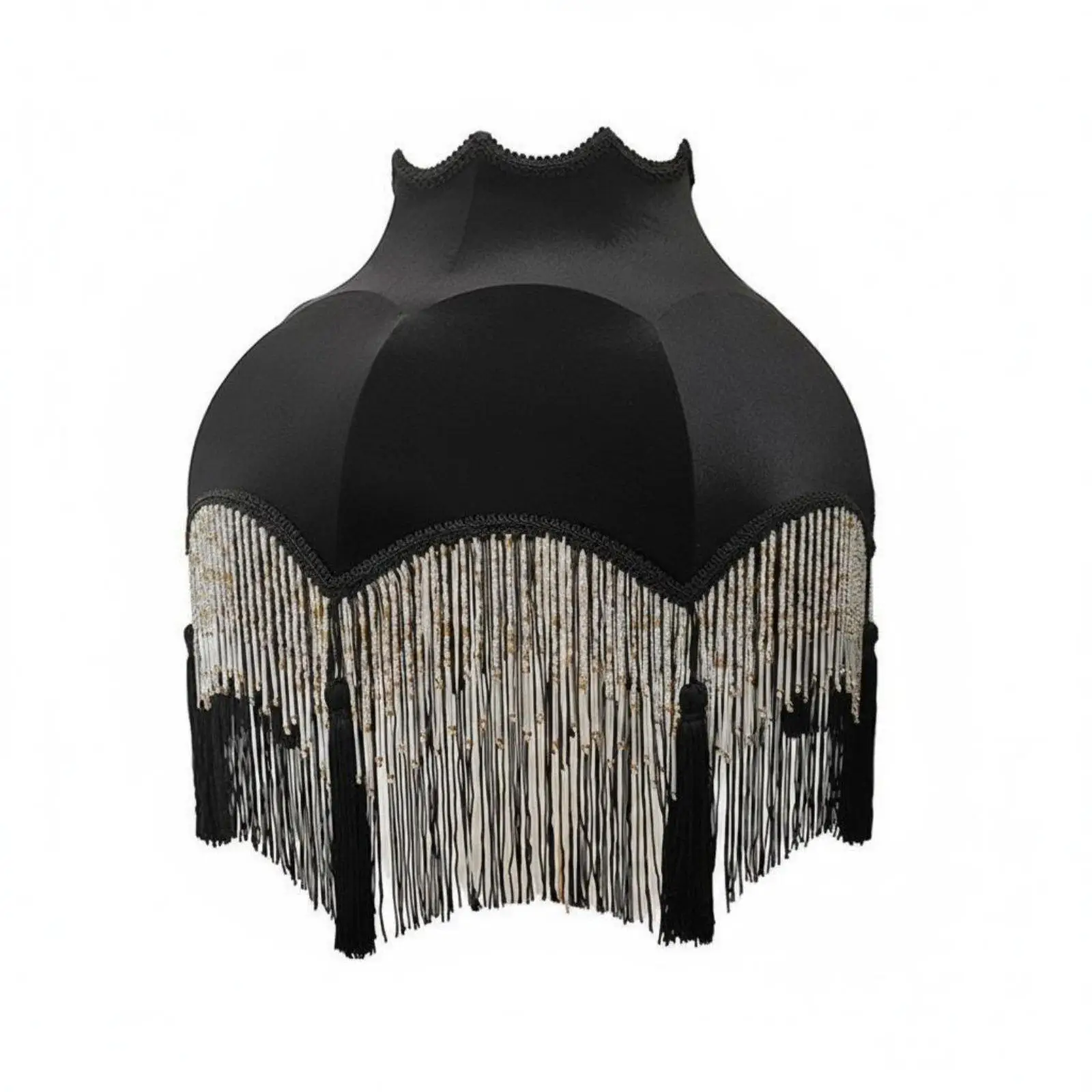 Elegant black velvet lampshade with fringe and tassels, luxurious lampshade