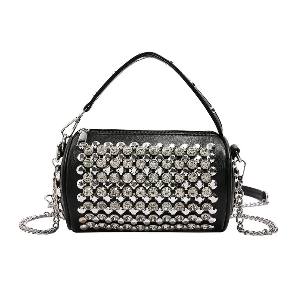 

Elegant Rhinestone Evening Bag Chic Metal Rivet Studded Crossbody Bag Multifunctional Chain Cylindrical Handbag Shopping