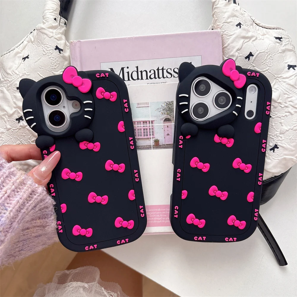 3D Cartoon Cute Bowknot Cat Camera Lens Protection Case for iPhone 17 Pro Max/16/15/14/13/12/11 Soft Silicone Shockproof Cover