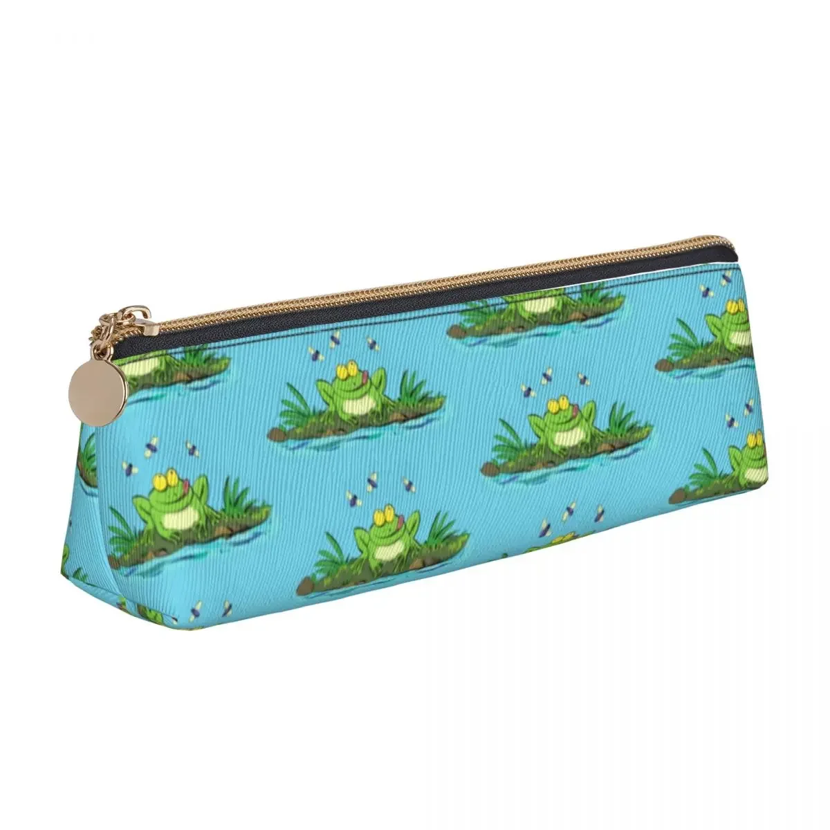 Funny Green Frog Triangle Pencil Case Cartoon Animal Teens Stationery Zipper Pencil Box Fashion Leather Pen Organizer