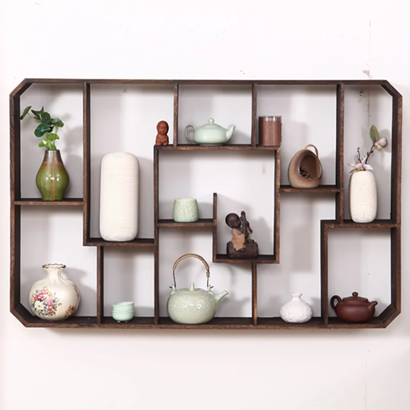 Wooden Bogu Rack Chinese Style Floating Shelves Wall Hanging Holder for Teapot Ancient Frame Multi Treasure Pavilion Decoration