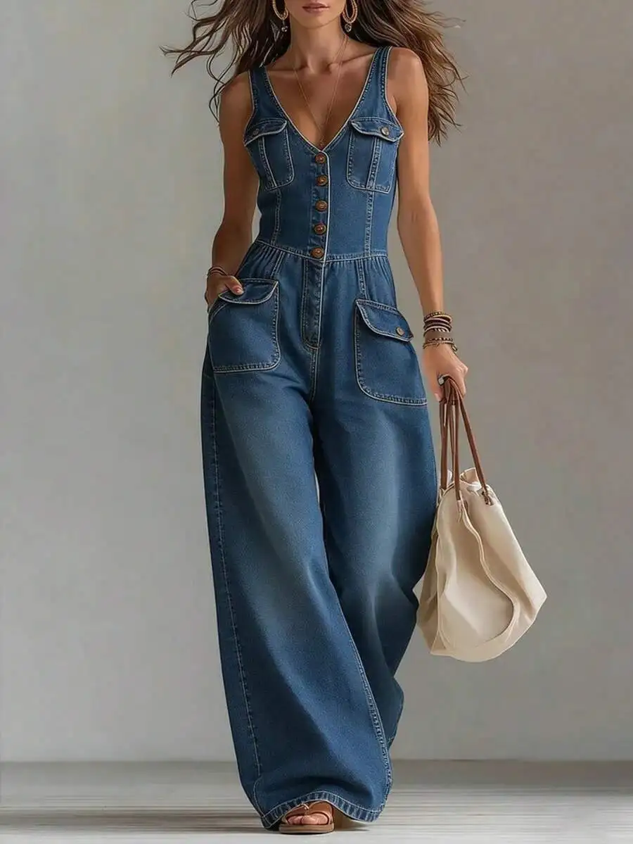 

Casual Denim Jumpsuit V Neck Sleeveless Wide Leg Loose Romper