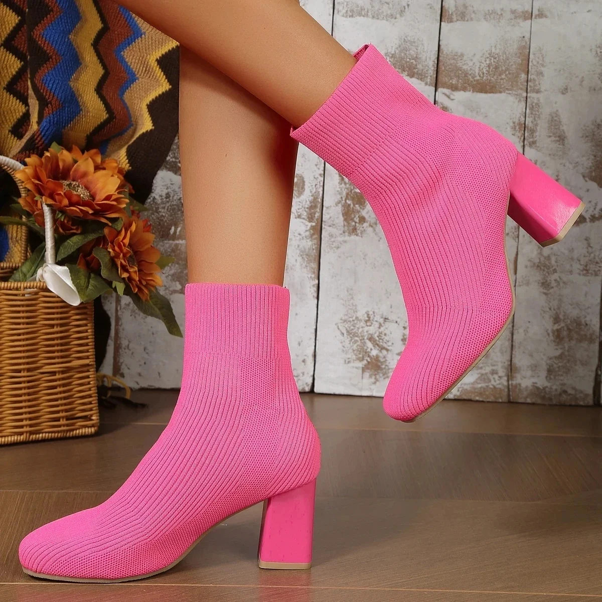 Spring Sock Boots Autumn Shoes Woman Casual Solid Color Slip-On Ankle Boots Fashion Round Toe Party Shoes Square Heel High Heels