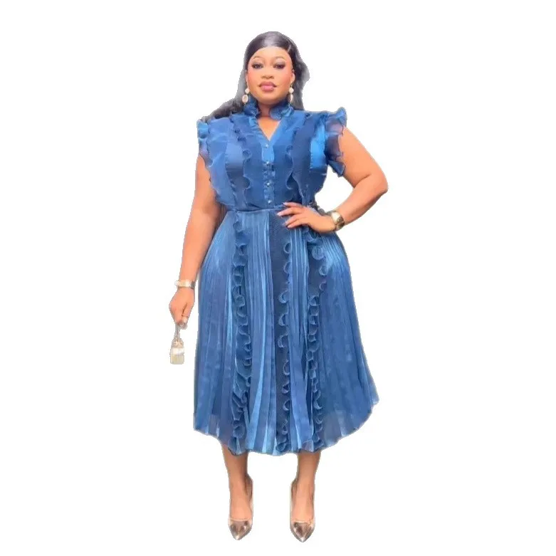 

Elegant Dashiki African Dresses for Women Plus Size African Sleeveless V-neck Polyester Midi Dress Party Evening Gowns L-4XL