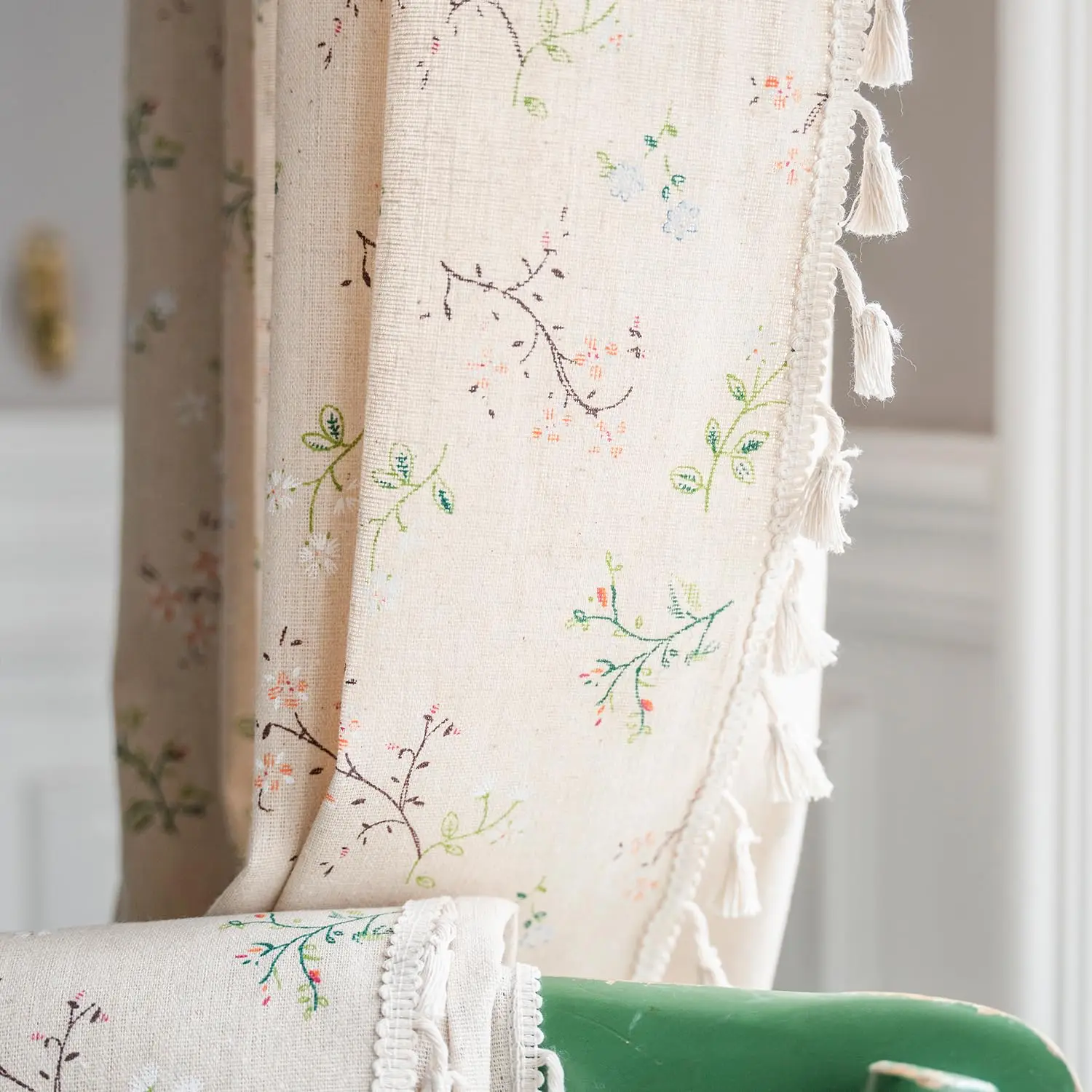 Boho Curtains Floral Semi-Blackout Windows Curtains with Tassels Cotton Linen Curtains Panels for Bedroom Living Room, 1 Panel
