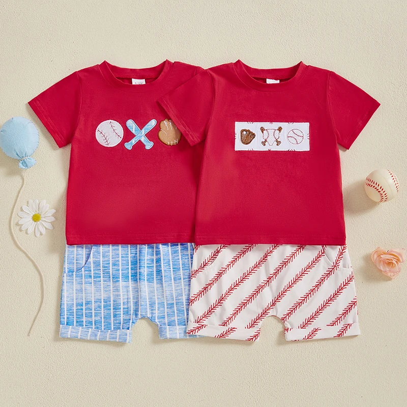 0-3Y Toddler Infant Kid Baby Boy Clothes Sets Baseball Patch Short Sleeve T-shirt Tops Striped Shorts Summer Outifts Clothing