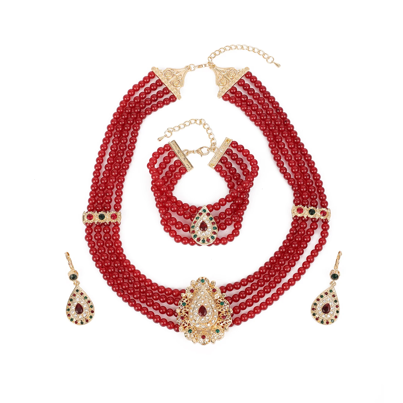 A Set Of Burgundy Beaded Jewelry Middle Eastern Women Party Wear jewels Necklace Earrings Bracelet 3-piece Set