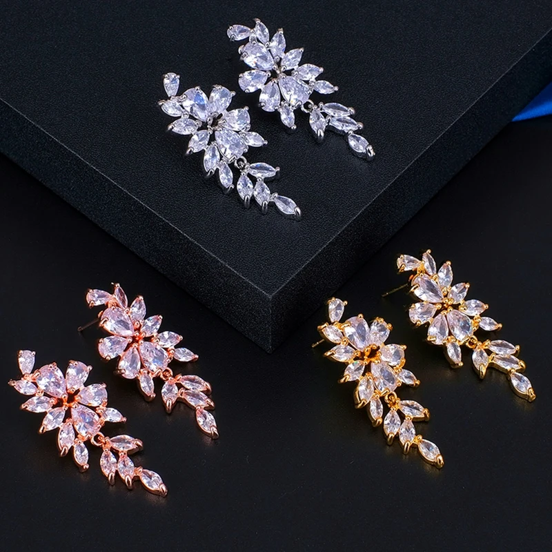 Ekopdee Marquise Flower Zirconia Crystal Errings For Women Trendy Shiny Leaf CZ Stone Elegant Wedding Jewelry Party aretes