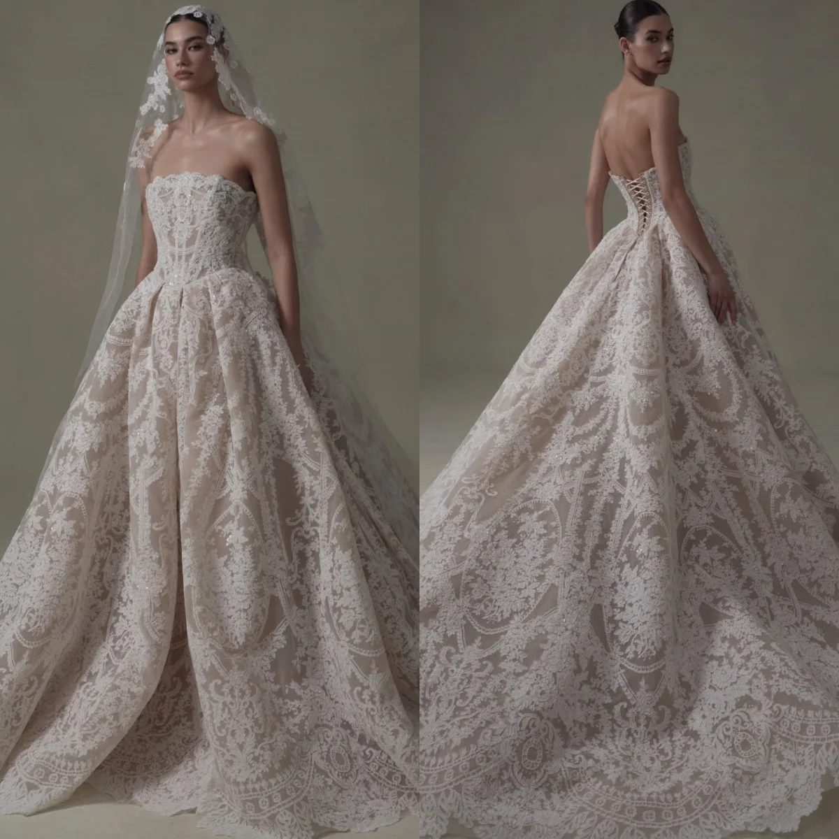 カスタムメイドの高級繊細なレースのブライダルドレス、絶妙なレースアップバック、クリスタル装飾のストラップレスウェディングドレス