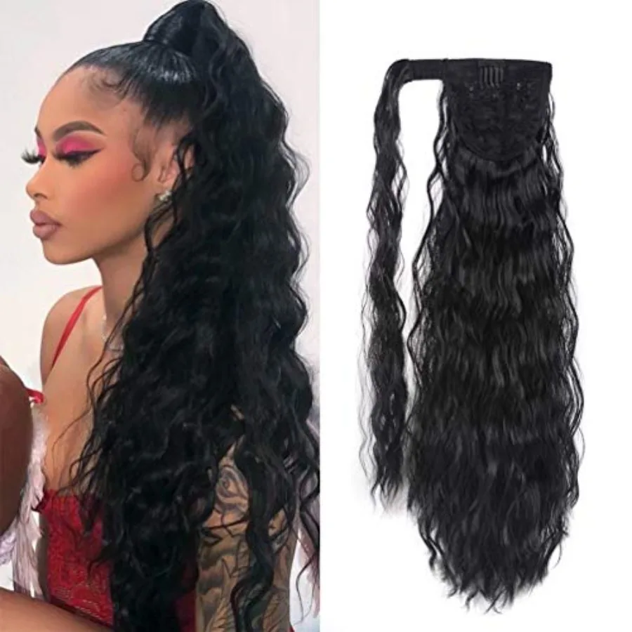 

Corn Wave Ponytail Extension Clip in - 22 Inch Long Wavy Curly Wrap Around Pony Tail Heat Resistant Synthetic Hairpiece for Wom
