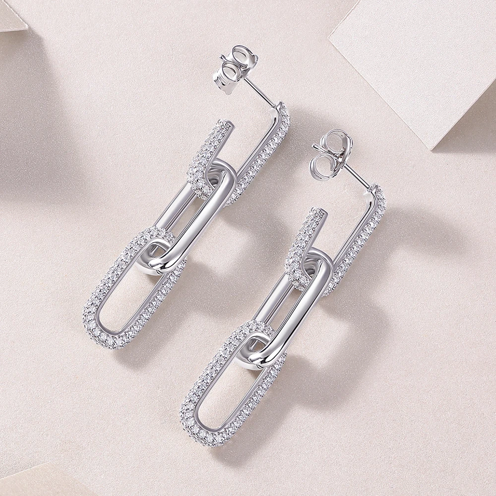 Sweetrain 18k Plated All Moissanite Earrings 925 Sterling Silver Paperclip Link Drop Dangle Earrings for Women Trendy Jewelry