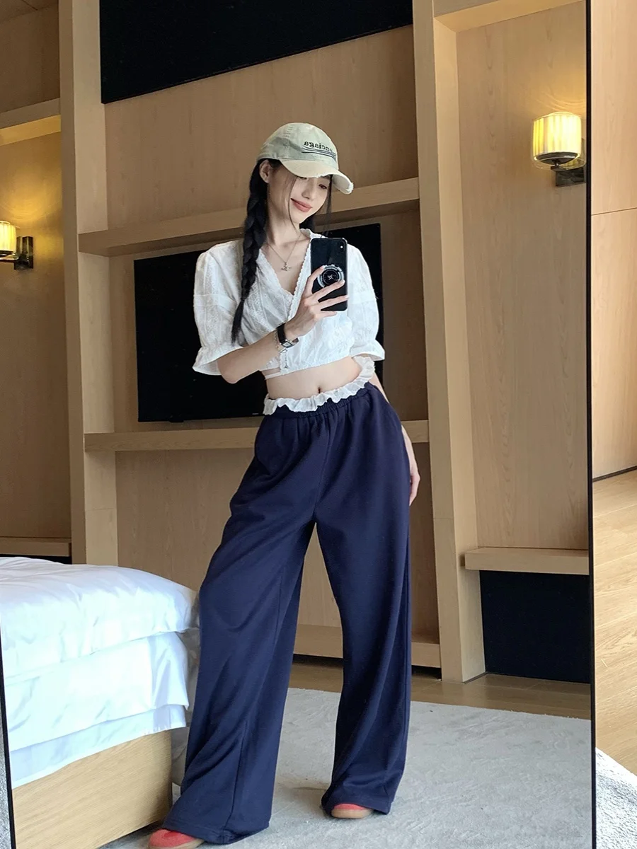 

Fashion Summer New Women Two Piece Sets French Elegant V-neck Short White Embroidered Shirt + Lace Splicing Wide Leg Pants