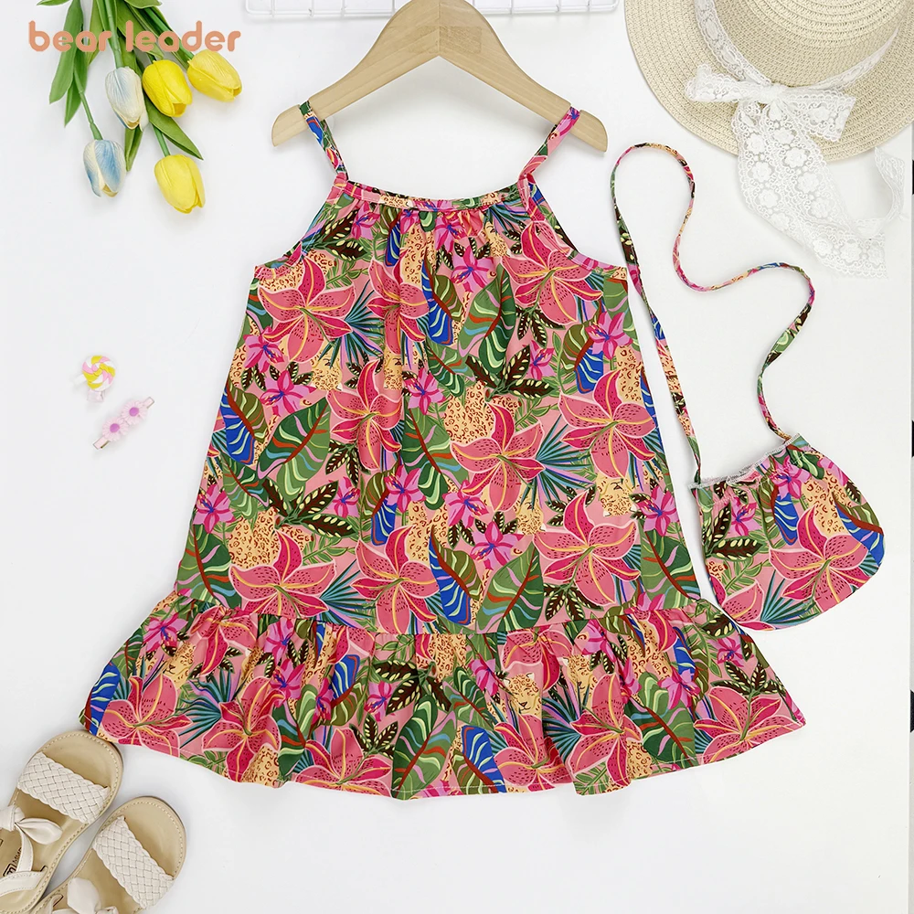 Bear Leader Fashion Girls Casual Dresses Summer Seaside Vacation Kids Clothes Pink Flower and Leaf Print Suspender Dress + Bag