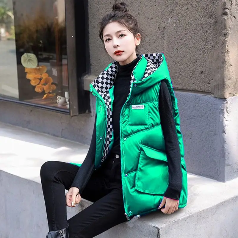 Splicing Hooded Checkerboard Pattern Design New Thickened Warm Shoulder Sleeveless Warm Jacket