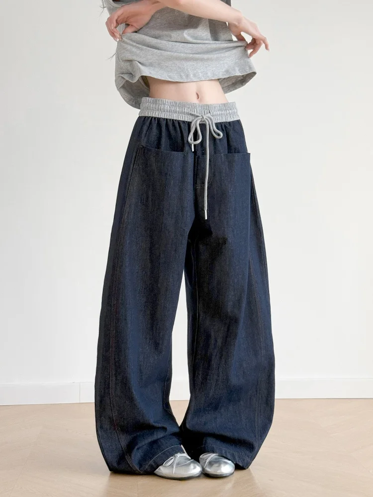 

Inbeowroom американские ретро сращенные цветные широкие джинсы женские с эластичной резинкой на талии свободный крой повседневные джинсовые брюки