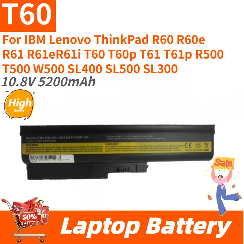 

Новый сменный аккумулятор для ноутбука 10,8 В 5200 мАч T60 для Lenovo ThinkPad T60P T61 T61p R500 W500 SL300 SL400 42T5233 92P1137