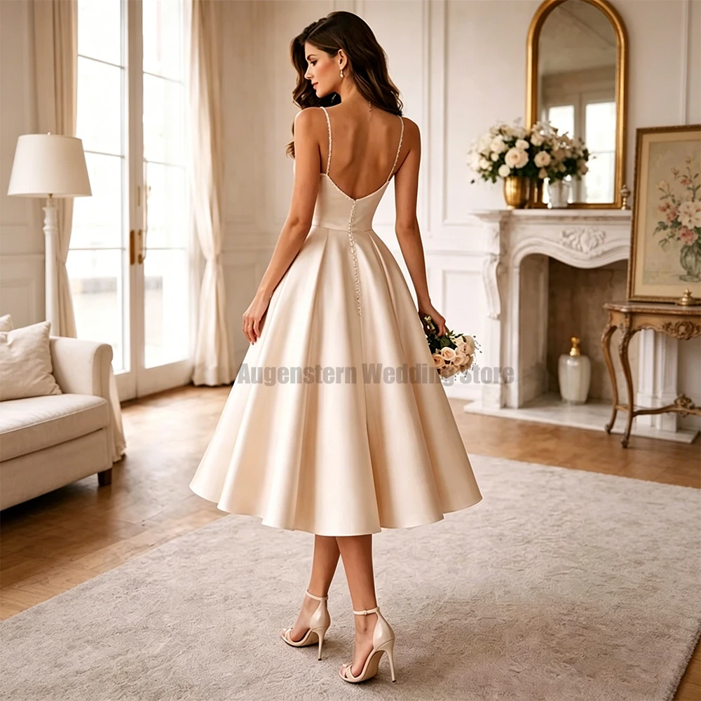 Customized Wedding Dress Midi Beige Satin Bead Spaghetti Strap Wedding Gowns for Women 2026 Bride Tea Length A Line Bridal Gown