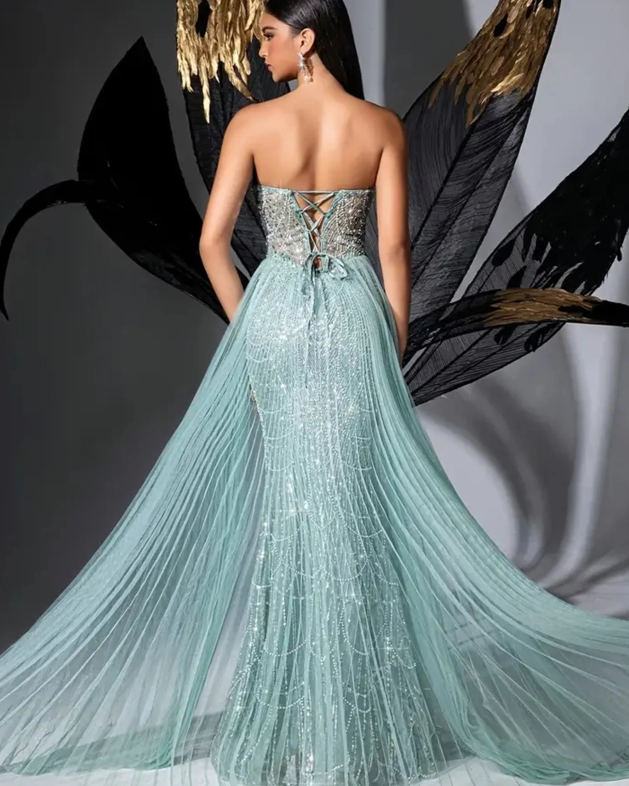 2025 New Beaded Evening Dresses Luxury Sequins Beading Strapless Backless Prom Dress Sexy Sheer Split Tulle Train Formal Vestido