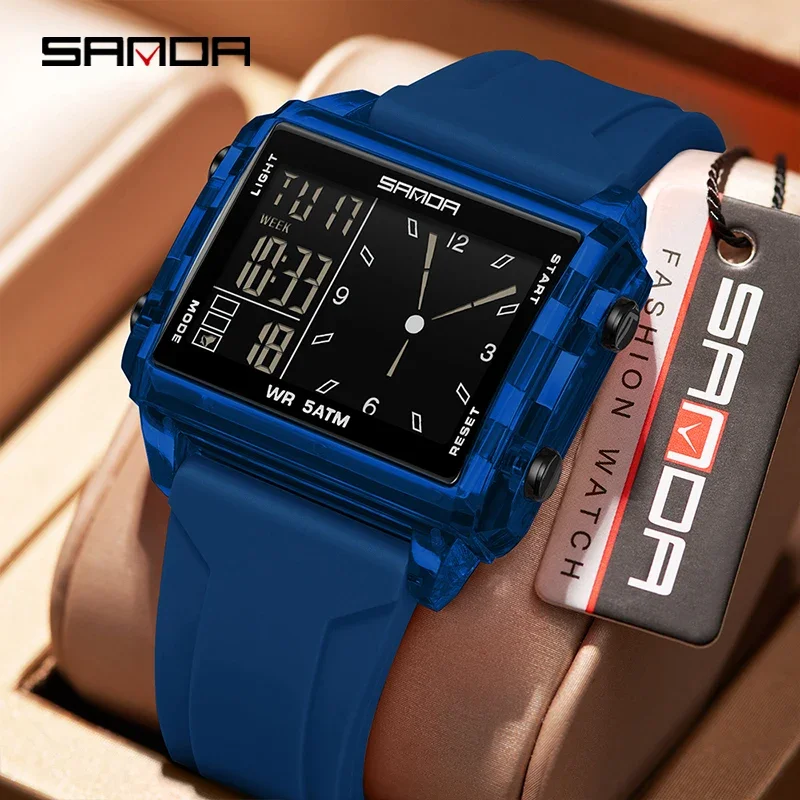 SANDA Fashion Electron Analog Men Women Watches Waterproof Square Dial Count Down Timer LED Digital Watches For Men World Time