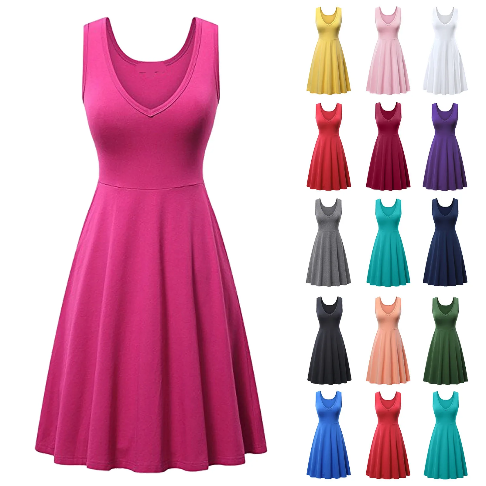 

Solid Color A-Line Flare Dress Women Sleeveless V Neck Sexy Casual Dresses Ladies Vestidos Vacation Party Night Clothing