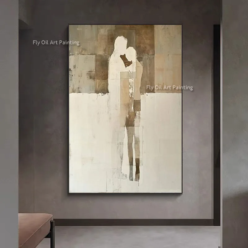 Original Popular Design Beige Brown Abstract Couple Wall Art Decor For Bedroom Large Beige People Hug Canvas Oil Painting