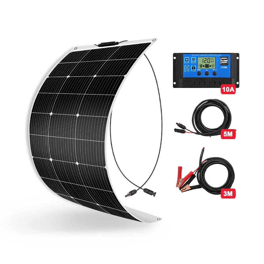 DOKIO 100W Flexibles Monokristallines Solarmodul-Set 18V / 8m Kabel | Wasserdichtes 12V Batterieladegerät für Auto, Haus, Wohnmobil