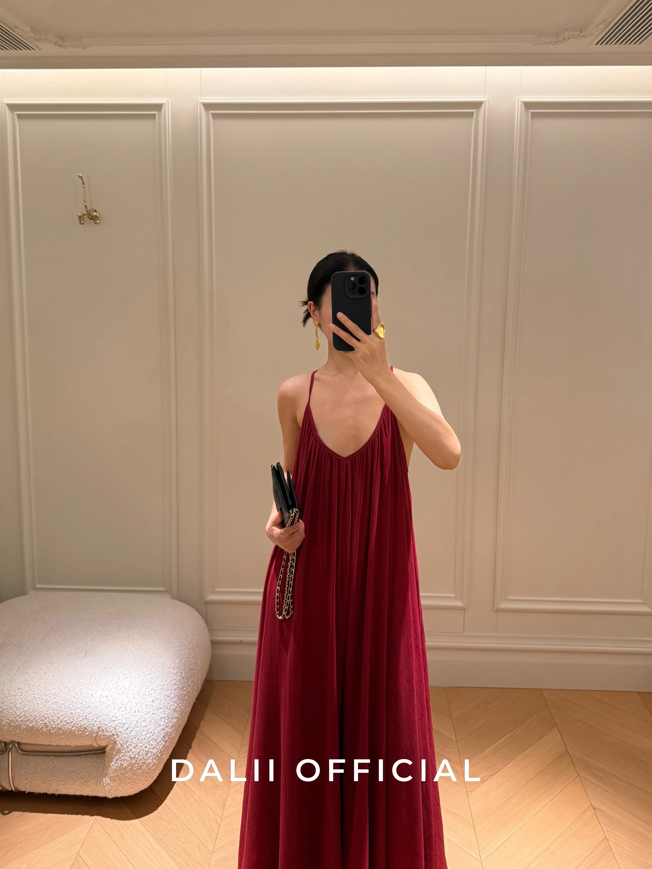 

DALII Official Romantic Aosphere Vaion Bal Pleated Strap Dr French Sle Svel Loose Fit U-Ne Dr