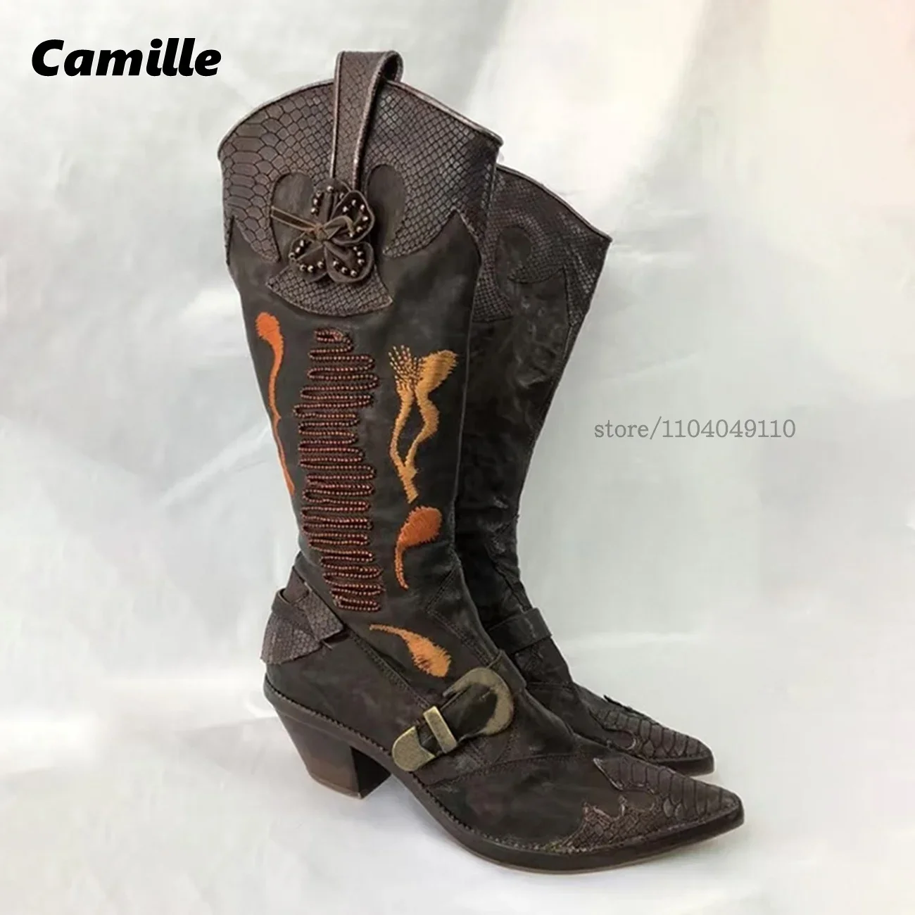 

Vintage Metal Belt Buckle Embroidered Snakeskin Cowboy Boots Ethnic Style Chunky Heel Knee High Boots Size 35-40 Casual Boots