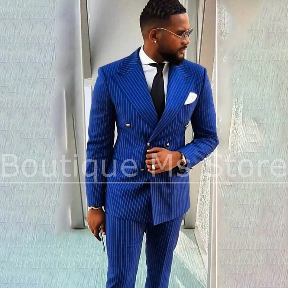 

Мужской синий двубортный костюм в тонкую полоску, индивидуальный деловой костюм для офиса, свадьбы, вечеринки, модный мужской костюм