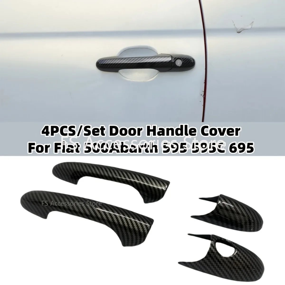 

4PCS / Set Glossy Black / Carbon Fiber Look Door Handle Cover For Fiat 500 2008-2023 Abarth 595 595C 2012-2023 695 2010-2023