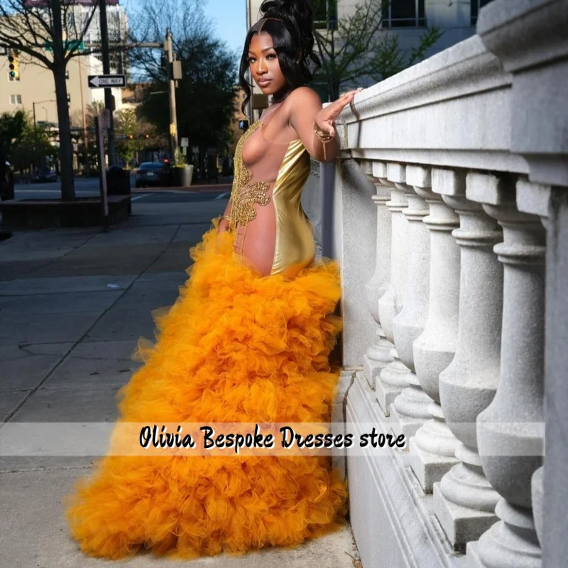 Personalizado aso ebi laranja babados vestido de baile preto meninas cristais dourados miçangas vestido de aniversário formal vestido de festa