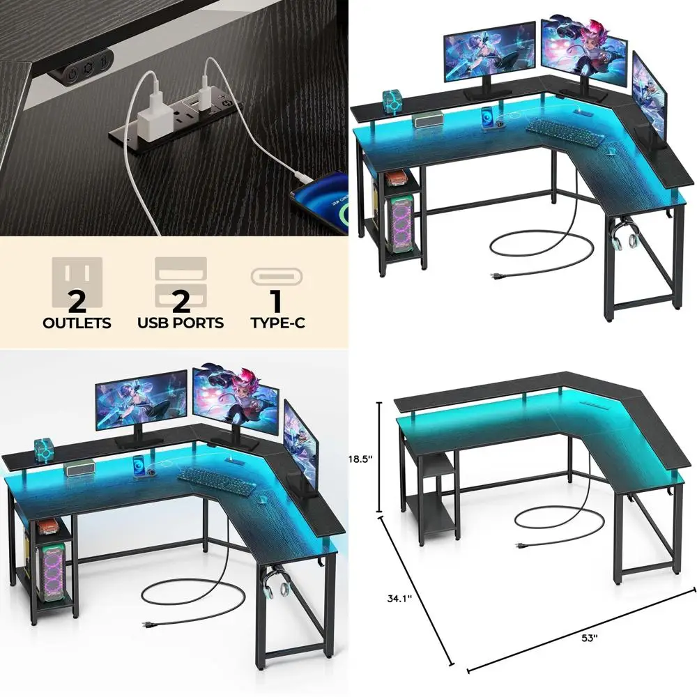 

L-образный игровой стол со светодиодной подсветкой и розетками, компьютерный стол 46,2 дюйма с полной подставкой для монитора и полкой для хранения, угловой стол w