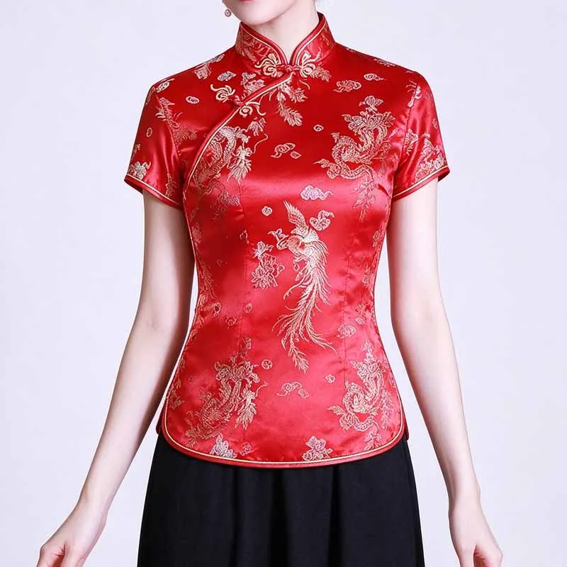Plus Size Chinese Cheongsam Top Women Short Sleeve Frog Button Satin Dragon Phoenix Jacquard Qipao Blouse Retro Tang Costume