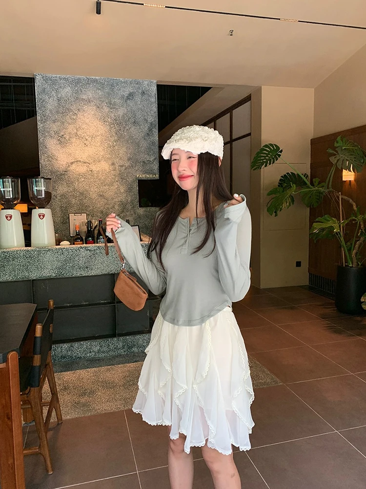 

Кружевная юбка, женская осенняя новая белая юбка трапециевидной формы с асимметричным дизайном, корейская юбка из полиэстера для поездок на работу