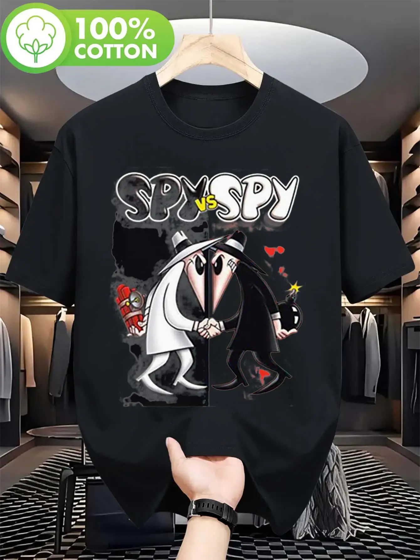 Men's Christmas Spy on Spy T-Shirt - 100% Material, This Crew Neck Short Sleeve T-Shirt Features Double Stitching and A Black and White Cartoon Spy Design. A Regular Casual Shirt, Perfect for Valentine's Day and Father's Day.