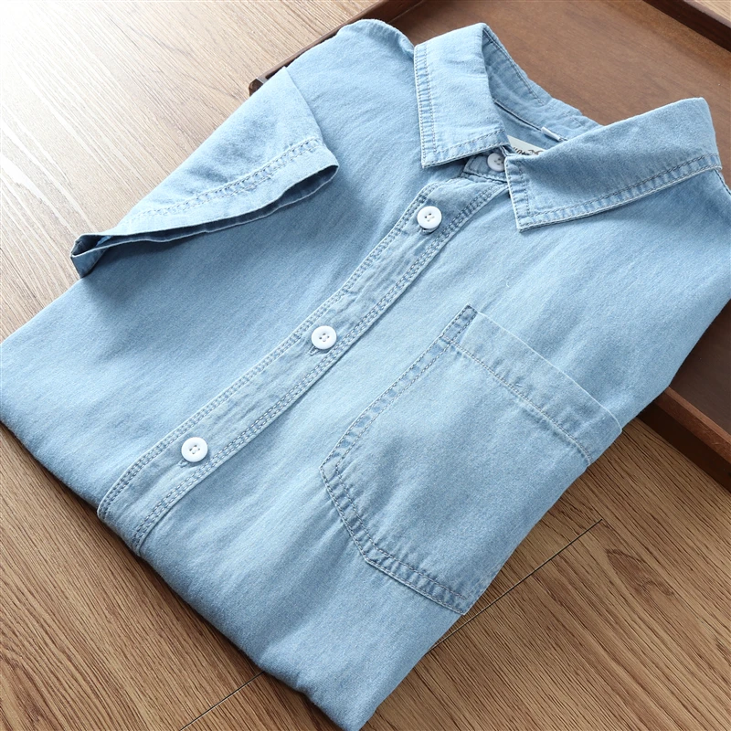 

Fashionable Urban Men's Short Sleeve Shirt Thin Cotton Casual Washed Denim Trendy American National Level Standard Fit Summer