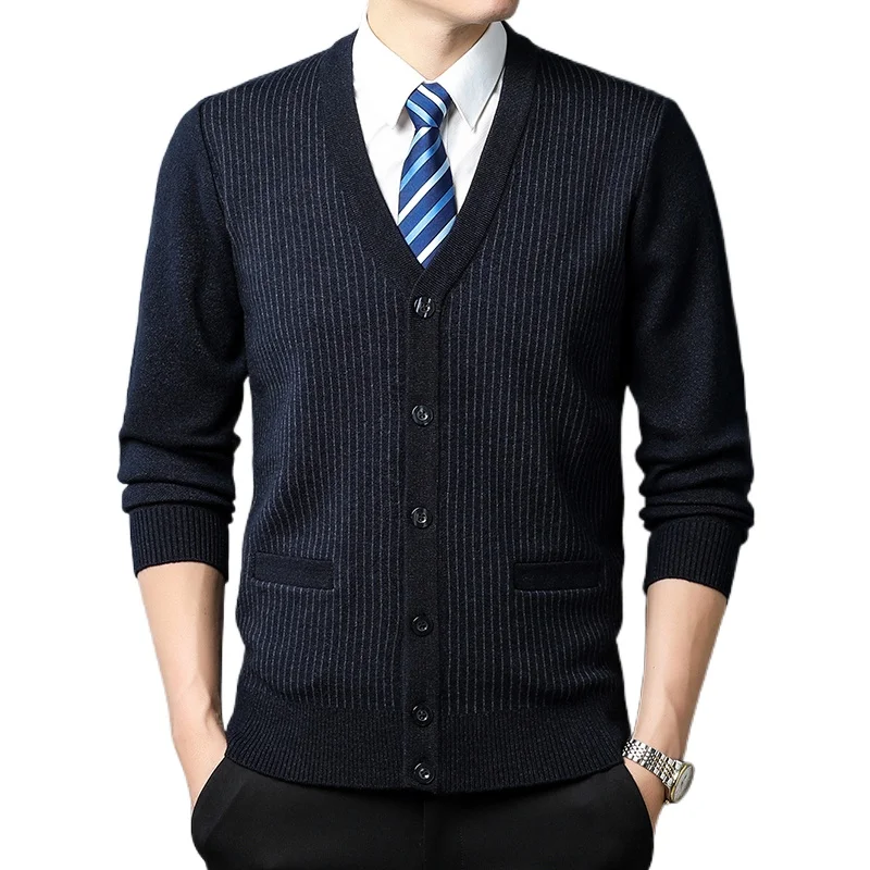 New Autumn Men\'s Cardigan  Plaid Fashion Business Casual Knitted Sweater Warm V-neck Sweater