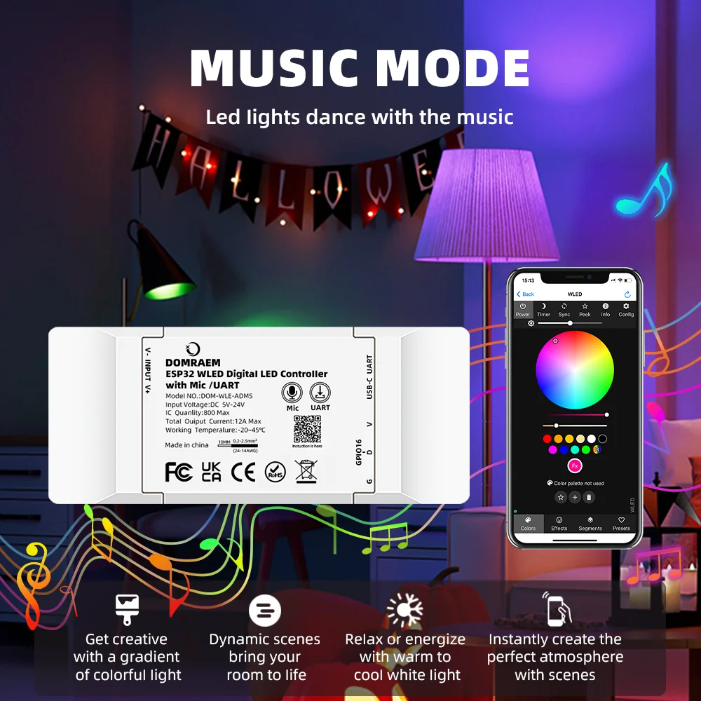 ESP32 WLED Smart LED Controller 5-24V WiFi RGB Strip Controller with OTA Update 800 ICs Max GPIO16 Output for Digital LED Lights