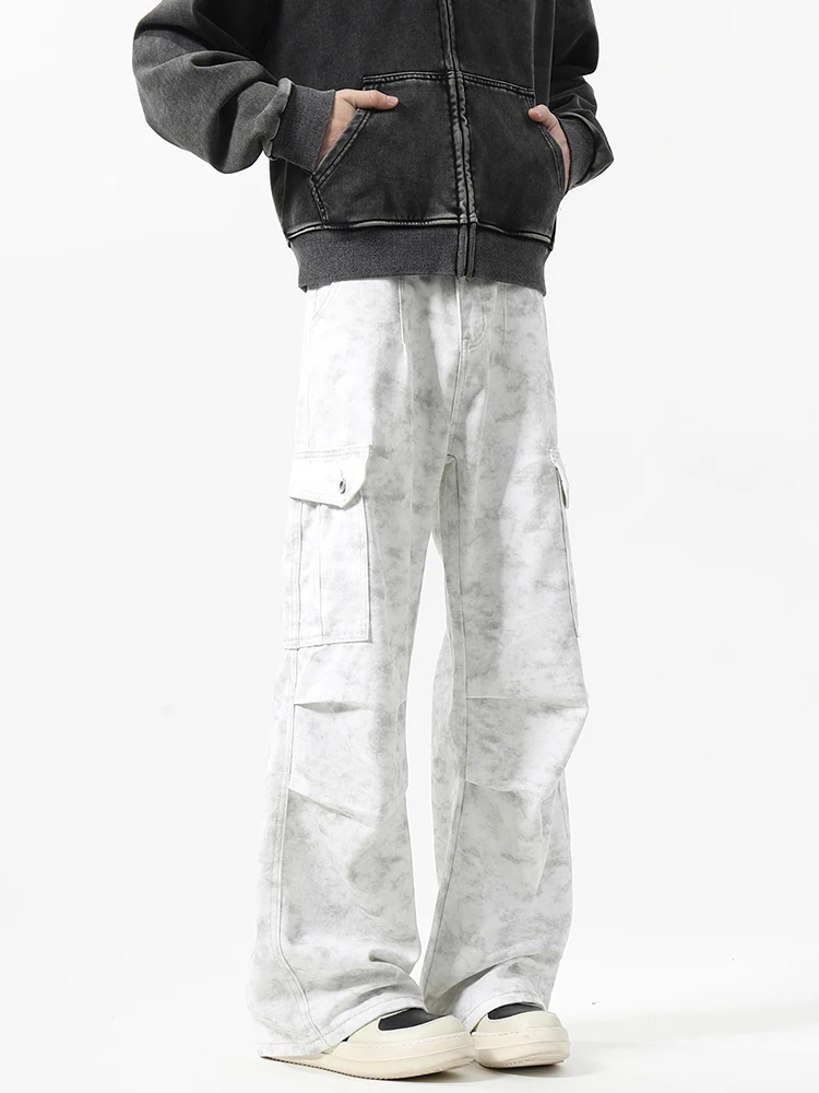 

Мужские джинсы American High Street Tie Dye белые, весенне-осенние, в стиле рабочей одежды, из денима, широкие, свободные, прямые, слегка расклешенные брюки