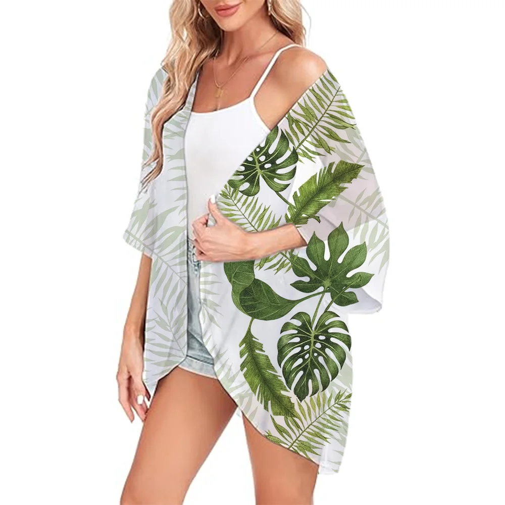 

Plant Print Women's Loose Chiffon Coverups Beach Bikini Coat Kimono Cardigan Bathing Suit Cover Ups Blouse Swimwear Resort Wear