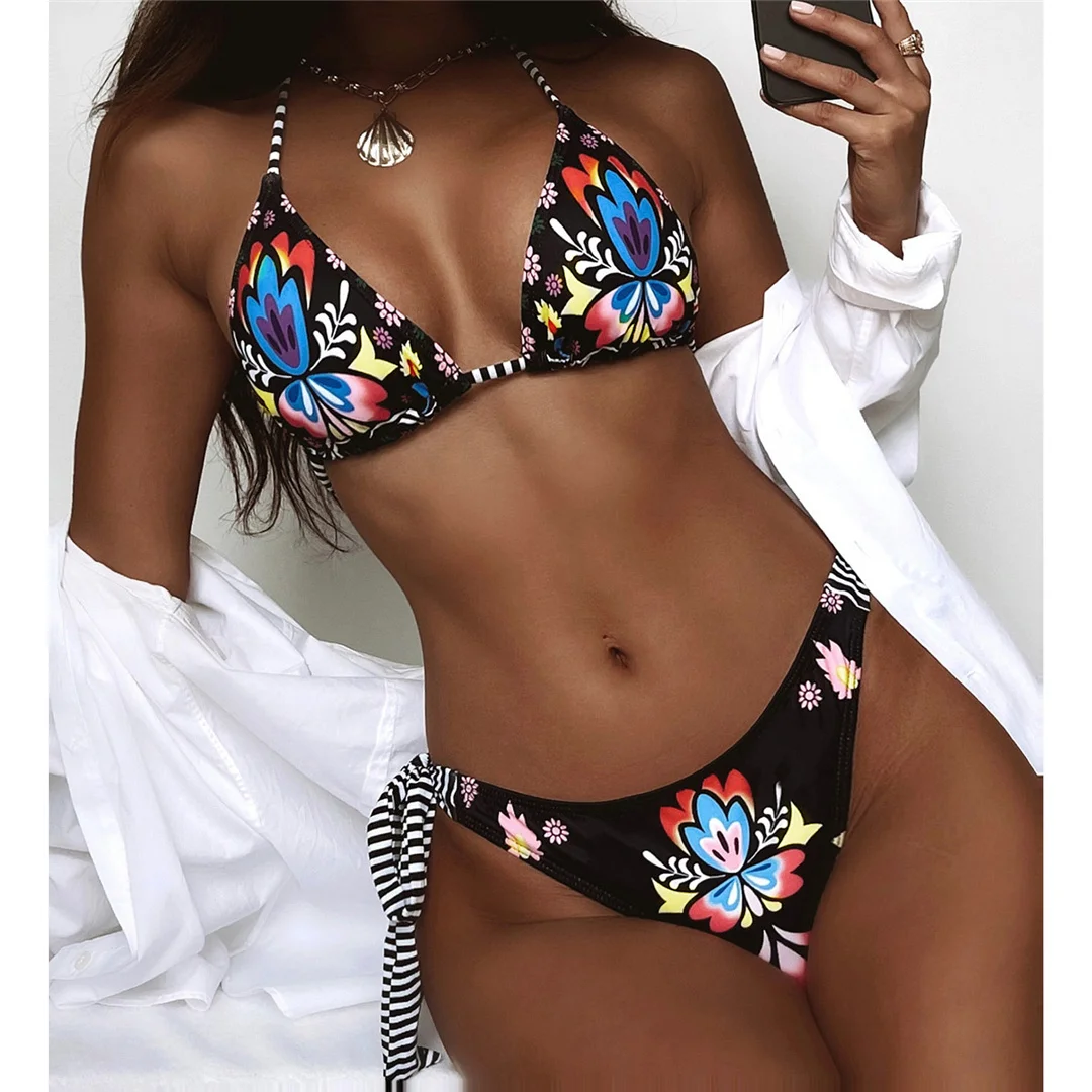 Brasilianische Damen-Bademode, Blumenmuster, Neckholder-Bikini, zweiteiliger Bikini-Set, Badeanzug, Damen-Badebekleidung, V3394 – Detail 7