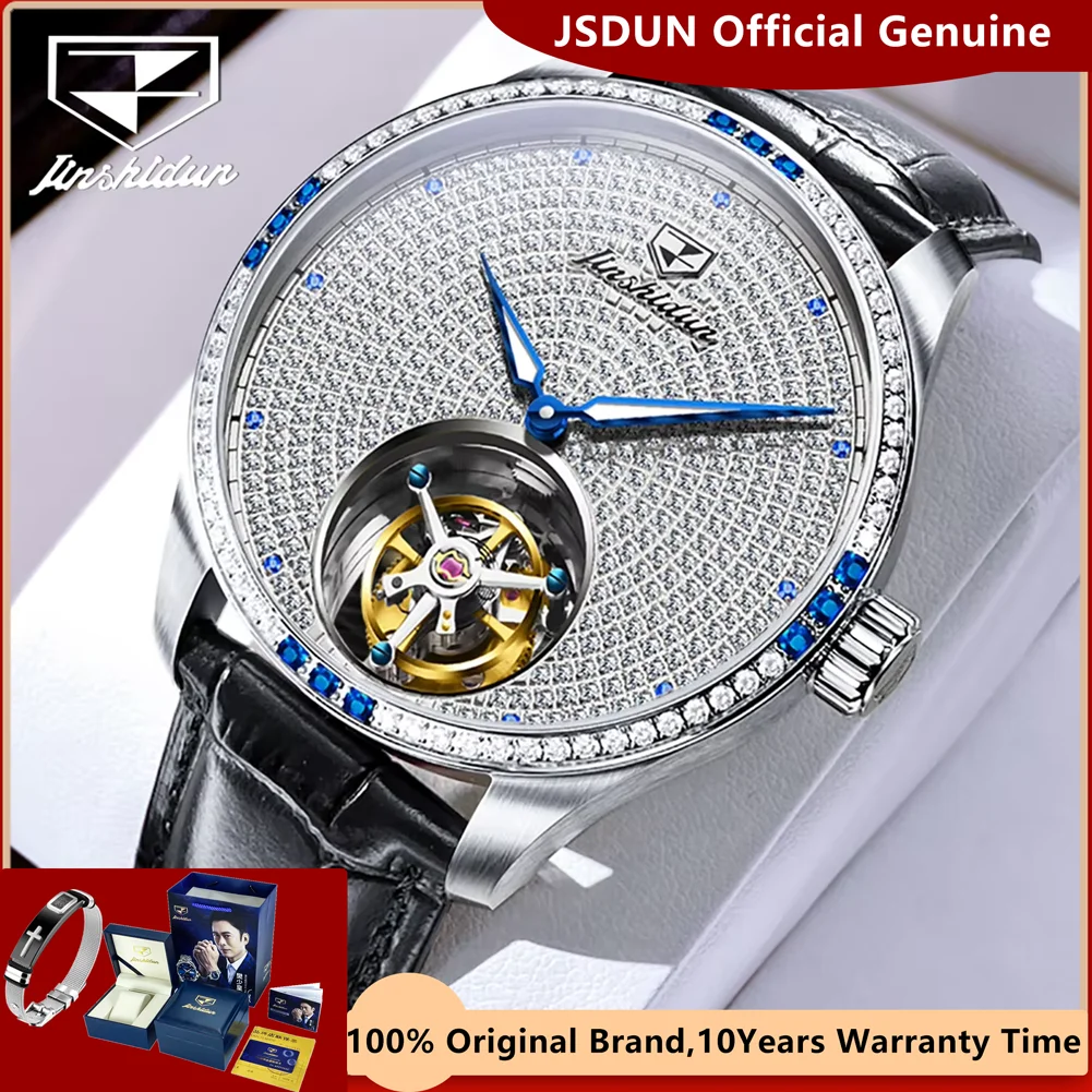 JSDUN Fully Diamond Tourbillon Automatic Watch for Men Genuine Leather Strap Sapphire Mirror Luxury Mechanical Man Wrist Watches