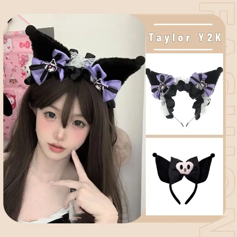 Sanrio Kuromi Hair Band Kawaii Anime Y2K Spicy Girl Demon Hair Accessories Simulation Plush Ear Headwear Lolita Cosplay Prop