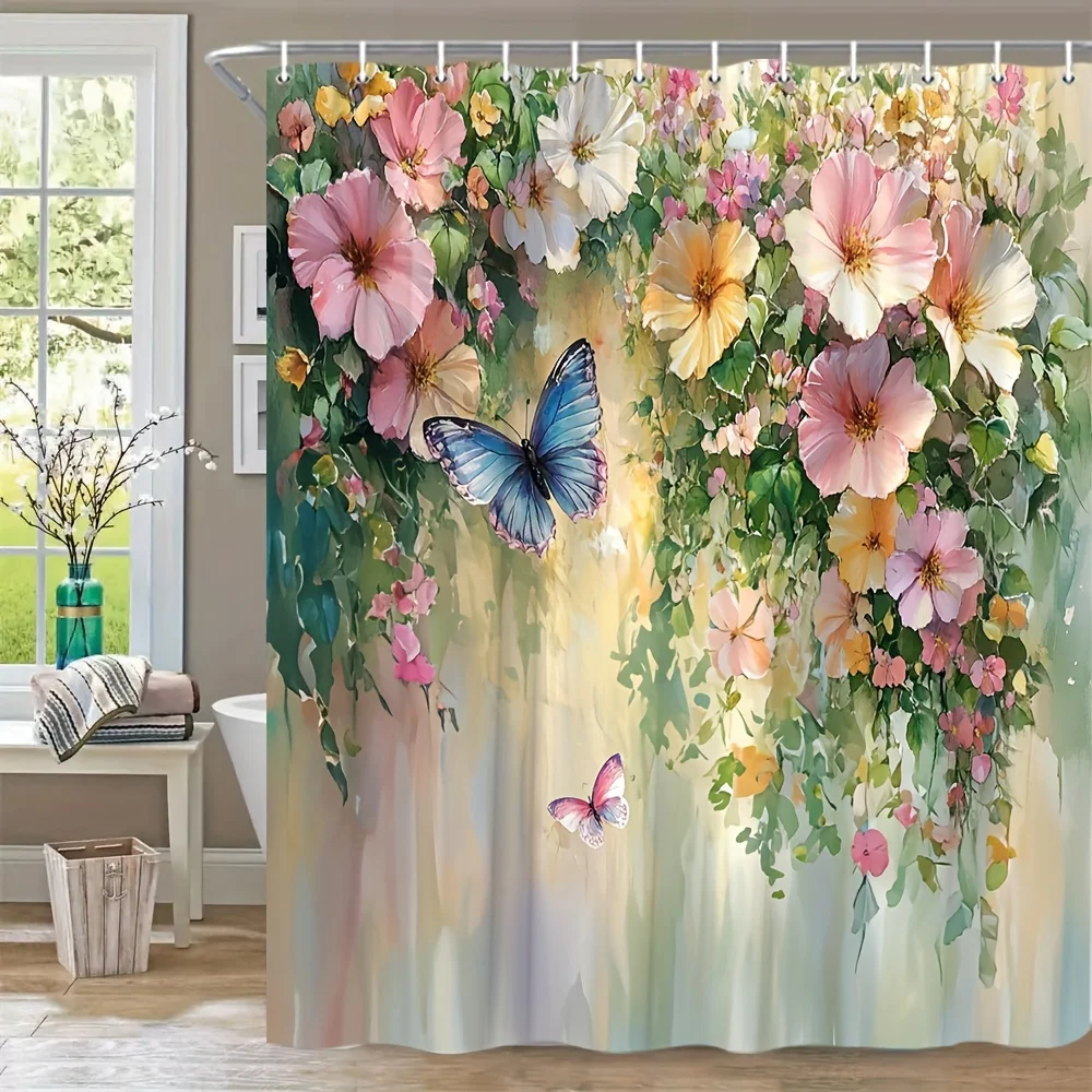 

Floral Butterfly Shower Curtain Colorful Flowers Garden Design Blue Wing Insect Artistic Print Waterproof Bath Decor