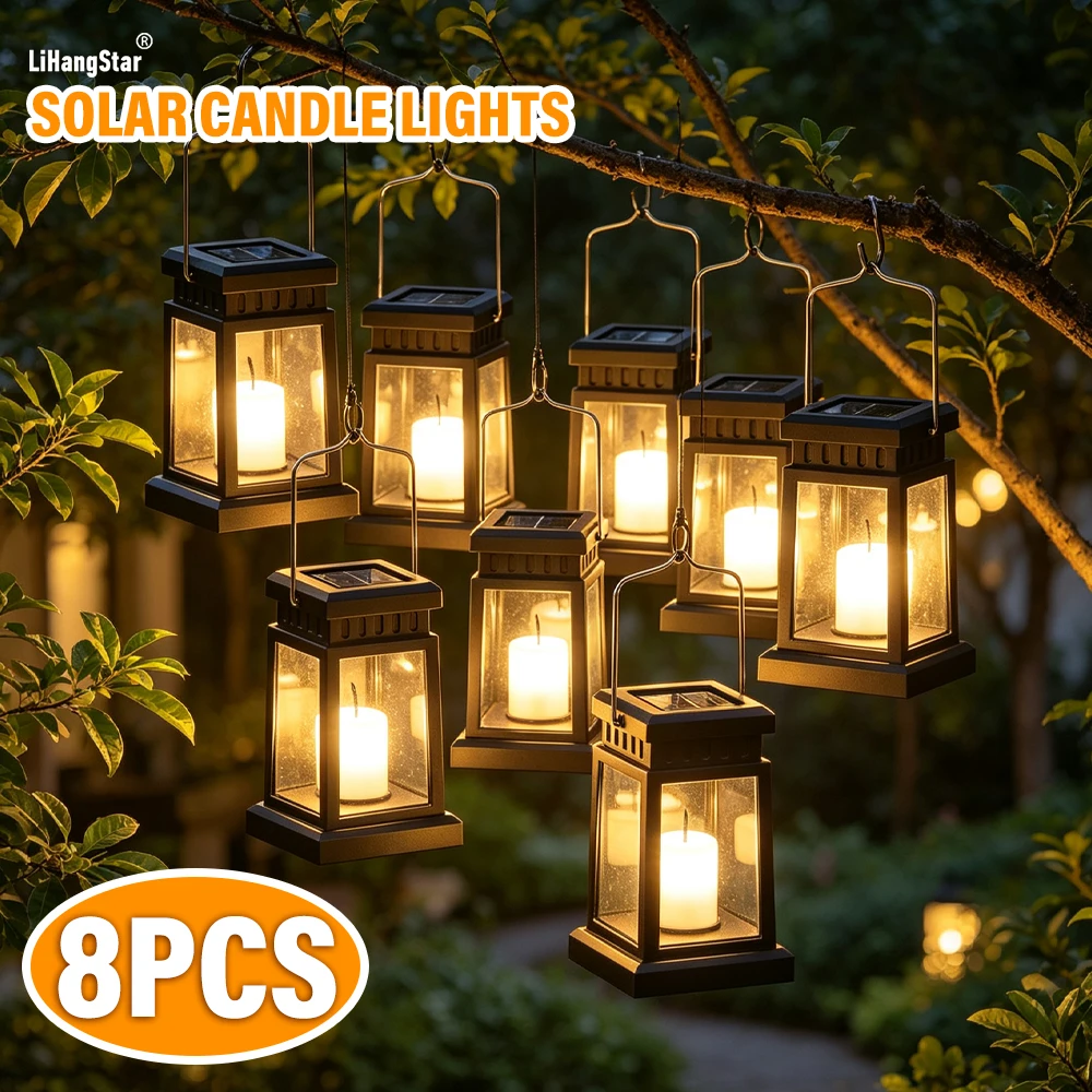 LiHangStar, set da 8 luci a forma di candela solare, luci decorative da appendere per esterni, luci a candela elettronica a LED, lanterne in stile vintage, luci per creare atmosfera in giardino, su