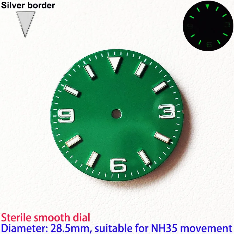 NH35 Explorer 3-6-9 Dials 28.5mm Custom S Logo DIY Logo Watches Smooth Dial Green Luminous Watch Case Replace Accessories Parts