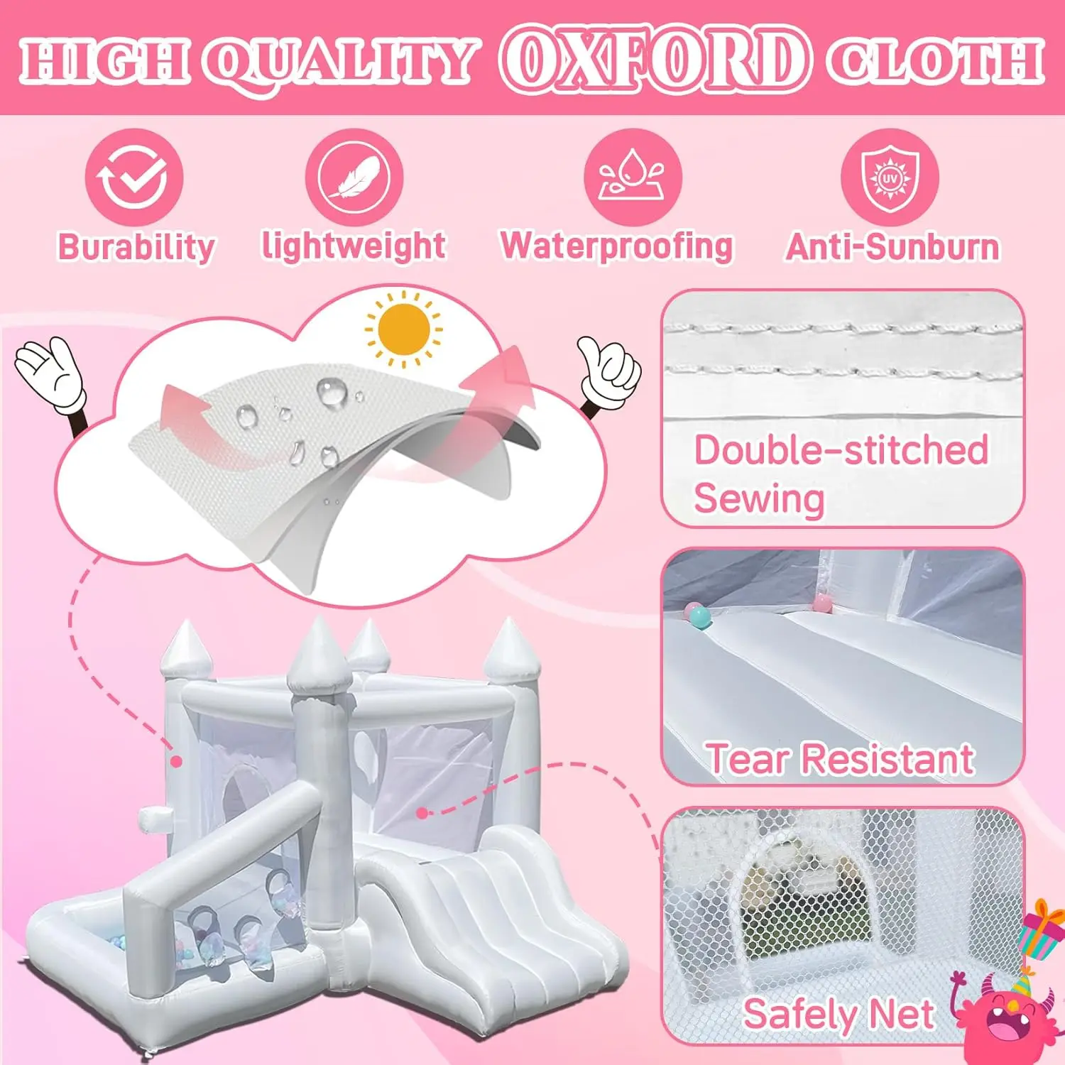 Wit springhuis, opblaasbaar springhuis voor binnen voor kinderen van 3-12 met ballenbak en glijbaan, buiten springkasteel voor verjaardagsfeestje W