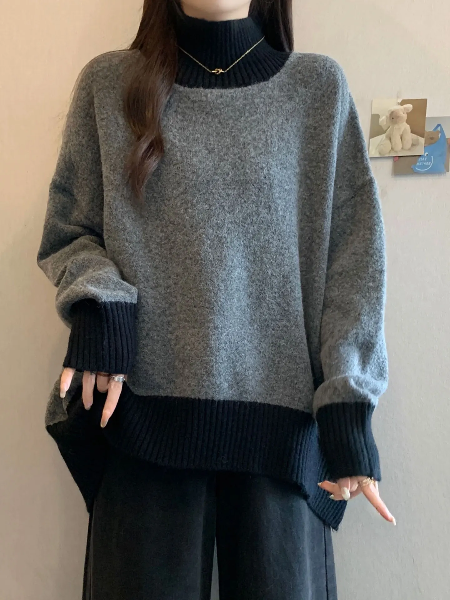 

Свободный удобный свитер с высоким воротником, женский цветной вязаный топ больших размеров, повседневный осенне-зимний модный дизайн