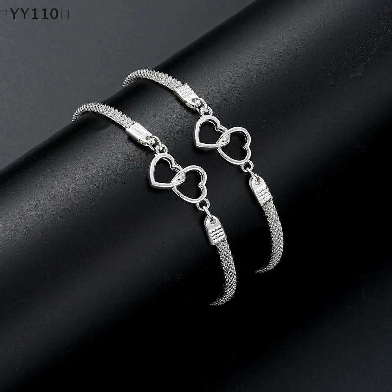 [[YY110」 2 قطعة مجموعة الحب القلب أساور للأزواج للنساء الرجال الفضة اللون طبقة مزدوجة مطابقة سلسلة سوار عاشق المجوهرات هدية #5